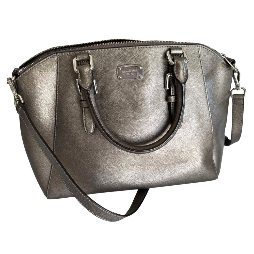 Michael Kors Gunmetal Saffiano Leather Satchel‎ Bag With Adjustable Strap